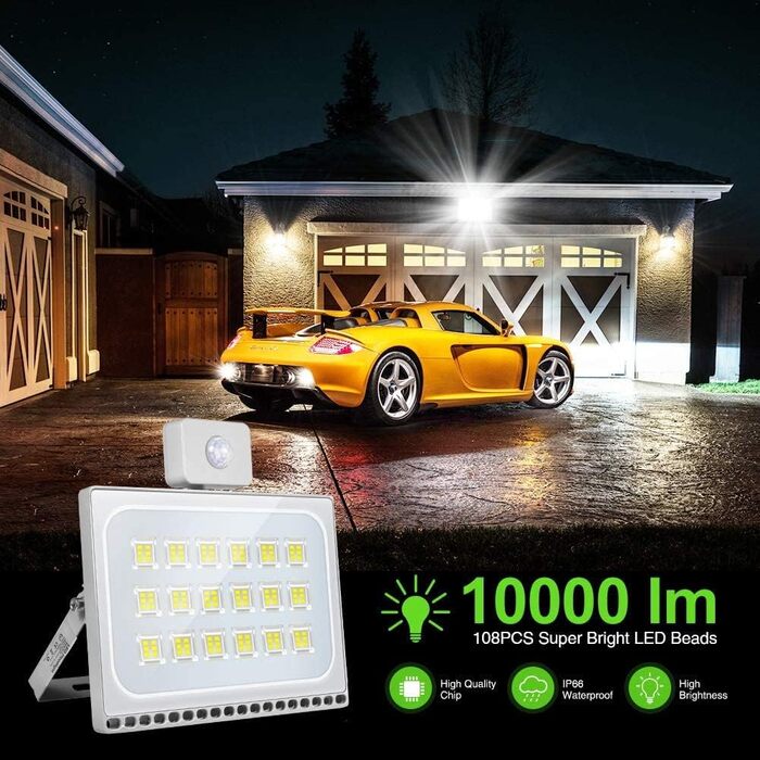 Світлодіодний прожектор NIKEEYEN 100W з датчиком руху, IP65, холодне біле світло 6500K, 10000 лм, ультратонкий, для вулиці, двору, гаража, саду, стадіону