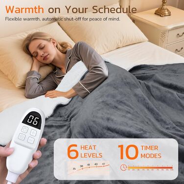 Електрична ковдра PRANITE 180x130 см з Sherpa та Flanell, 6 режимів нагріву, таймер 10 годин, автовимкнення, захист від перегріву, придатна для прання – сіра для ліжка та дивана