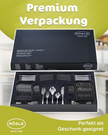 RÖSLE PASSION Cutlery Set for 12 People – 60-Piece Highly Polished Stainless Steel 18/10 Cutlery Set – Premium Dinnerware Set, Dishwasher Safe, in Elegant Gift Box 60-Piece Dinnerware Set
