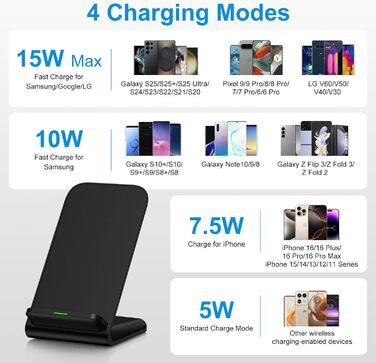 Бездротовий зарядний пристрій Google Pixel: підставка, 15W, сумісна з Google Pixel 10/9/8/7/6/5 та Samsung Galaxy S25+/S24 FE/S23/S22/S21, чорний