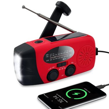 Сонячна радіостанція з ручним заводом 2000mAh, AM/FM/NOAA, USB-зарядка, заряд для телефону, SOS-сигнал, LED-ліхтарик для кемпінгу та походів (Червоний)