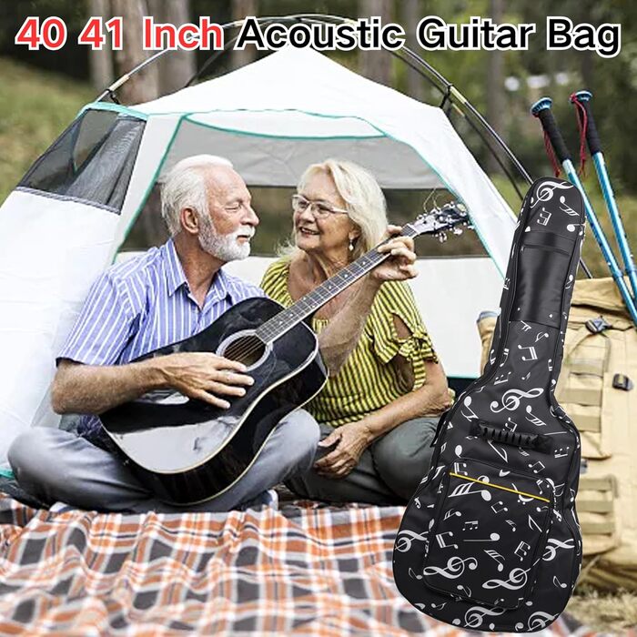 Водонепроникний кейс для гітари SUQ Oxford, 40/41 дюймів, з принтом музичних нот, нейлон, Gigbag, для електро-, акустичної та концертної гітари, ударостійкий, 8 мм підкладка, водонепроникний (чорний)