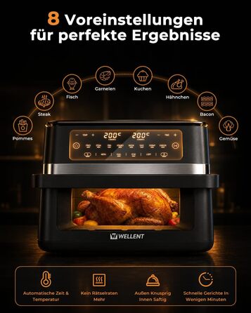 Аерофритюрниця WELLENT 12л з двома камерами (4+7л) 2600 Вт - 10-в-1, сенсорний екран, функція Match&Sync, миття в посудомийній машині
