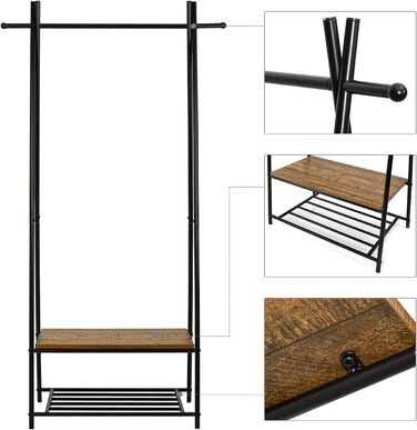 Coat rack, clothes rail, coat rack with shoe storage, metal frame, for hallway, living room and veranda, retro-industrial clothes rack, 64cm x 41cm x 162cm, retro brown-black