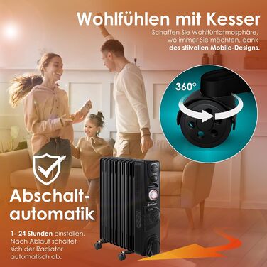Електричний масляний радіатор KESSER® 2500W з вентилятором, 11 ребер, таймер, термостат, захист від перегріву, білий/чорний