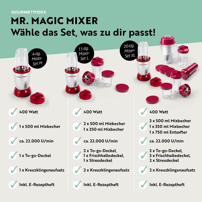 GOURMETmaxx Mr. Magic: Блендер для смузі та шейків 400W | Комплект з 4 насадками | Червоний та срібний
