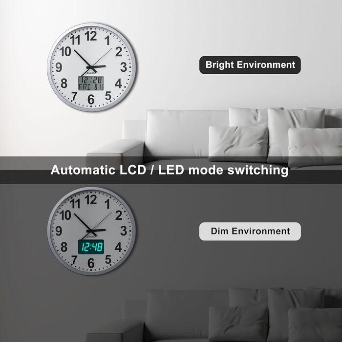 KWANWA Modern Wall Clock • Silent Operation (No Ticking) • Digital LCD/LED Display • Calendar & Temperature • Battery Powered • 30.5cm • 12-Hour Format, Perfect for Kitchen, Bedroom & Office