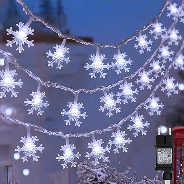 Гірлянда сніжинки для декорування, 15м, 100 LED, тепле біле світло, вологостійка IP65, 8 режимів, таймер, для дому та саду