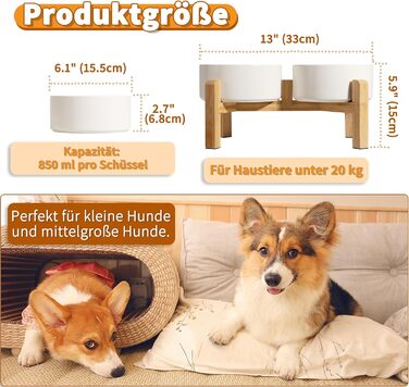 Elevated Dog Bowl Set - Ceramic Double Bowls with Non-Slip Stand - 2 Pack, 850ml Each - Ideal for Small & Medium Dogs