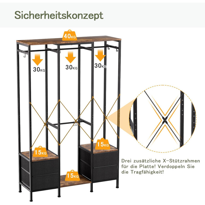 Шафа відкрита, вішалка для одягу, гардеробна стійка з 4 шухлядами, стійка для одягу, для спальні, вітальні, передпокою (rustic brown)