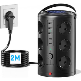 Багаторозеткова мережева панель Pluackg з 5 USB, 12 розеток, захистом від перенапруги, 2м кабелем, чорна