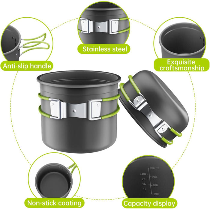 Набір посуду для кемпінгу з газовою плитою, туристичний посуд, складний набір каструль з алюмінію для BBQ, пікніка, походів (1-2 особи)