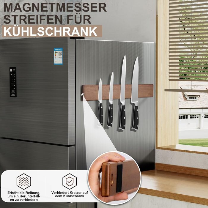 ENOKING Magnetic Knife Strip, Self-Adhesive, 40 cm, Acacia Wood Knife Magnet Strip, Magnetic Knife Holder with Extra Strong Magnet, Magnetic Knife Holder for Knives and Kitchen Utensils