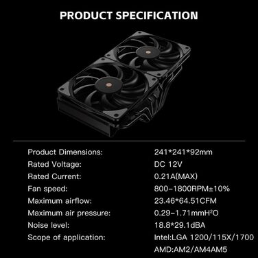 Кулер для CPU TZMRIT KF200 з 2 тепловими трубами, RGB LED, чорний, 9 см, 2200 RPM, для LGA115X/1200/17XX/1366, FM1/FM2/AM2/AM3/AM4/AM5