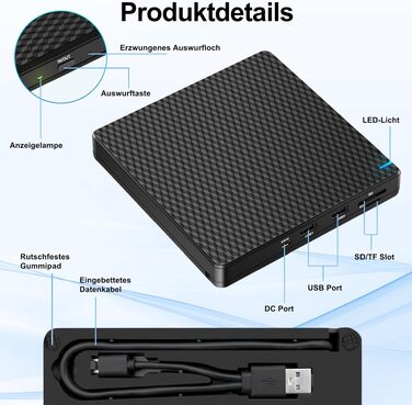 Зовнішній DVD-привід USB-C CD/DVD гравер та плеєр для MacBook, ноутбуків та ПК (Windows 11) з 2 USB-портами та SD/TF слотом, чорний