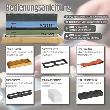 Набір алмазних точильних каменів Razorri (400/1000, 3000/8000 grit) з правильним каменем, кутовою наставкою, бамбуковою основою та шкіряним ременем для заточування та полірування металевих лез. Преміум-набір