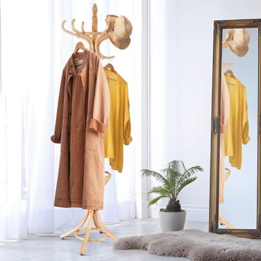 GIANTEX Coat Rack with Umbrella Stand, Clothes Rack Wood with 12 Clothes Hooks, Wooden Coat Tree Freestanding, Standing Coat Rack for Entryway Living Room (white) (natural)