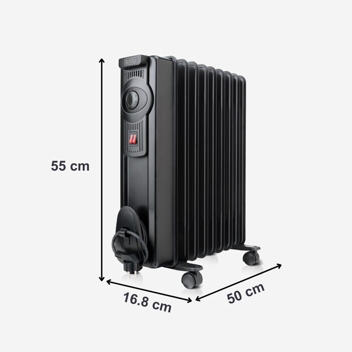 Масляний радіатор BLACK+DECKER BXRA1500E, 1500 Вт, 2 режими нагріву, регулювання потужності, чорний колір