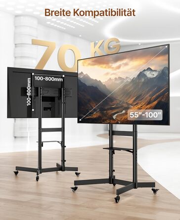 Підставка для телевізора ECOTINY Robuster: 55-100 дюймів, до 75 кг, з полицею та фіксуючими колесами, чорна
