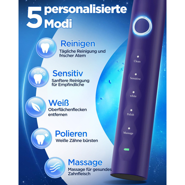 Електрична зубна щітка зі звуковими вібраціями, 8 насадок (3 типи), таймер, 120 днів роботи від акумулятора, 5 режимів чищення, чохол для подорожей, док-станція, фіолетовий колір