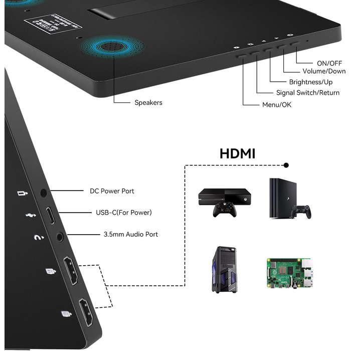 Портативний монітор 10.1 дюйма Full HD IPS LCD екран з HDMI та USB Type C для ноутбука, ПК, PS4/5, Xbox, Rasp Pi (без тачскріну)