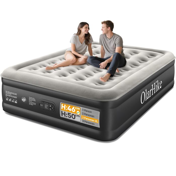 Надувний матрац OlarHike для кемпінгу та дому - 2 особи, 203x152x46 см, чорний, самонадувний