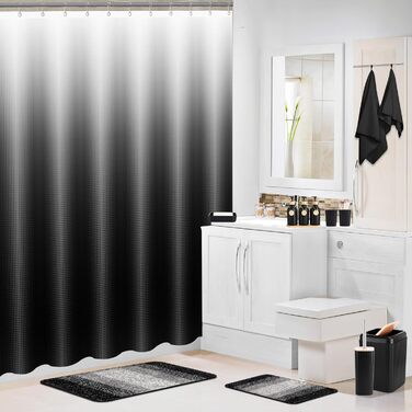 Набір аксесуарів для ванної кімнати, 17 предметів: сміттєвий бак, диспенсер для мила/лосьйону (3 шт.), тримач для зубних щіток, мильниця, попільниця, 6 дерев'яних гачків, аксесуари для ванної з підносом (Чорний, Комплект для ванної + штора + килимок + руш