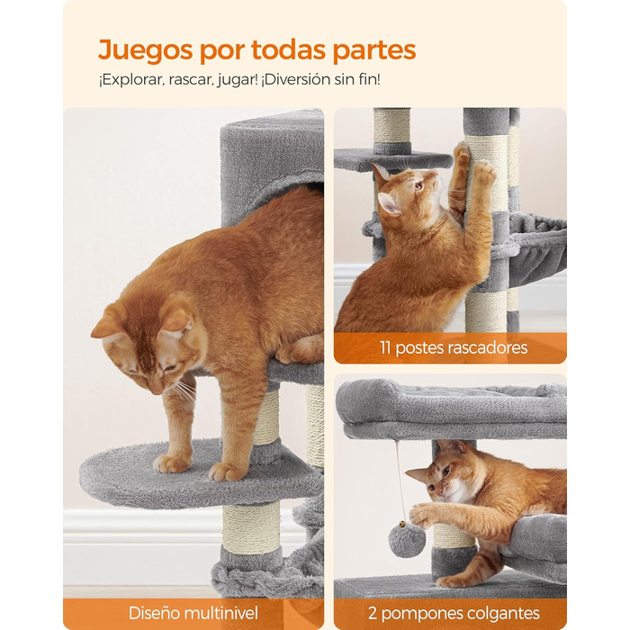 Дерево для дряпання Feandrea, 112 см, багатоповерхове, з 11 стовпчиками для дряпання, 2 платформами, будиночком та гамаком, 2 іграшками, сірий, PCT215W01