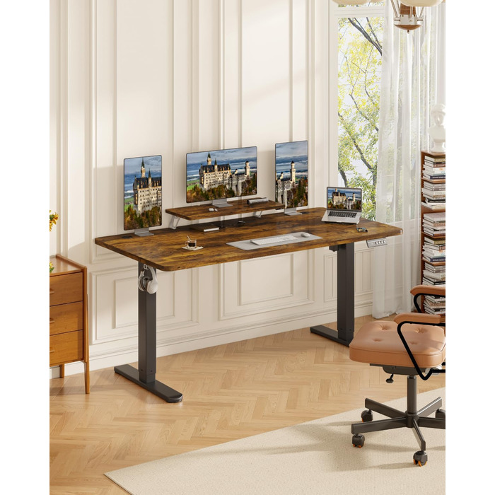 Devoko Electric Standing Desk 160x70cm with Monitor Stand, Memory Height Adjustment, Ergonomic Sit-Stand Desk (120x60cm, Vintage Brown)
