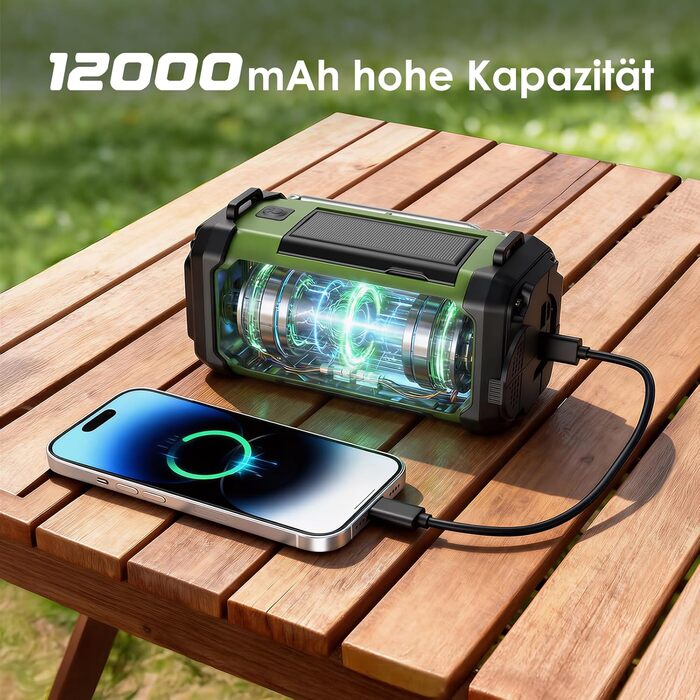 Радіо на механічній ручці Vikeri 12000mAh з сонячною панеллю, AM/FM/SW, LED ліхтарик, SOS сигнал, компас, USB-C зарядка для телефону, портативне радіо для надзвичайних ситуацій (Зелений)
