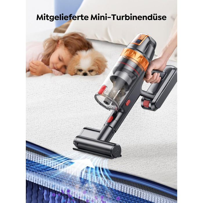 SMOTURE Бездротовий акумуляторний пилосос 650W 50KPA з міні-турбощіткою для шерсті тварин, 60 хв роботи, самостійна підставка, станція зарядки на стіні, автоматичний режим для килима/твердої підлоги