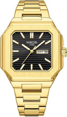 Годинник чоловічий NIBOSI: кварцовий годинник з нержавіючої сталі, мілітарі, квадратний, водонепроникний, бізнес-стиль, класичний, для чоловіків (золотий/чорний)