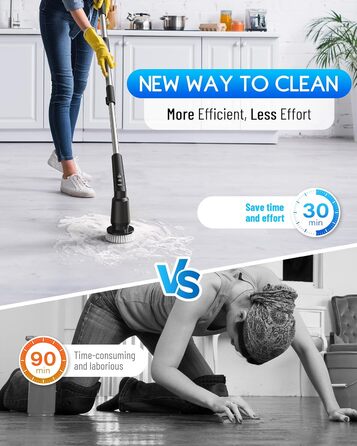 Electric Cleaning Brush, 12-in-1 Electric Spin Scrubber Cordless with 8 Replaceable Brush Heads, Electric Scrub Brush with Adjustable Handle for Bathroom, Kitchen, Tiles, Floors, Car (White) (8 in 1, Black)