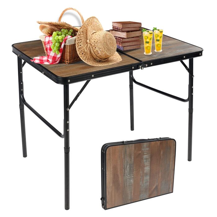 REDCAMP Складний столик з регулюванням висоти, легкий портативний туристичний столик 60x40 см (4 положення) з сітчатим шаром, для дому та відпочинку на природі, балкону, ринку, кухні, темно-коричневий (декор під дерево, 90x60 см (2 положення))