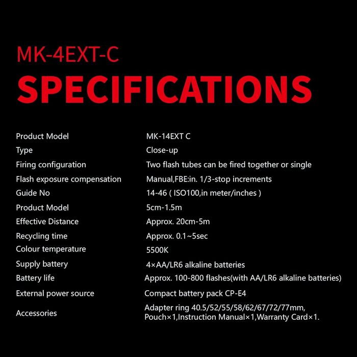 Meike MK-14EXT-C: Макро спалах Ring Lite з LED-лампою для Canon (5D Mark II, 6D, 7D, 50D, 60D, 70D, 550D, 600D, 650D, 700D)