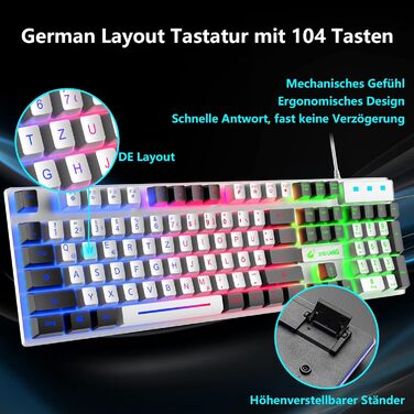 Ігровий набір клавіатури та миші з адаптером, QWERTZ, підсвічування, 6 клавіш, миша 2400 DPI, килимок для миші, USB, ергономічний дизайн, сумісний з PS4, Xbox, Switch, чорний