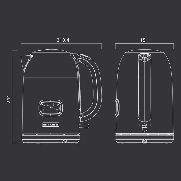 Електричний чайник зі нержавіючої сталі MUSE Retro з аналоговим термометром, фільтром, прозорою шкалою, об'ємом 1,7 л, автоматичним вимкненням, матовим золотим кольором (MS-030 BC), пастельно-блакитний колір