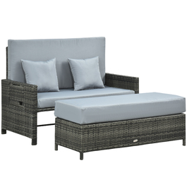 Крісло-диван Polyrattan Outsunny на 2 місця, садовий диван з подушками та пуфом, сірий шезлонг для тераси та балкону