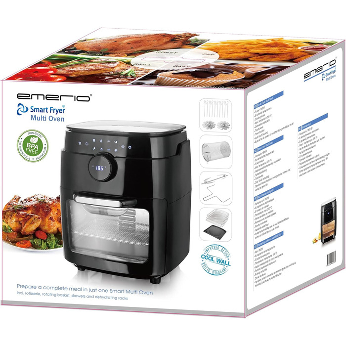 Фритюрниця Emerio XXL з гарячим повітрям, 13 літрів, Airfryer, BPA free, Smart Fryer, мульти-печі з поворотним шампуром та кошиком, дисплей, таймер, функція сушіння, 1800 Вт, AF-121914, чорний, 13 літрів (BPA free)