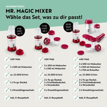 GOURMETmaxx Mr. Magic: Блендер для смузі та шейків 400W | Комплект з 4 насадками | Червоний та срібний