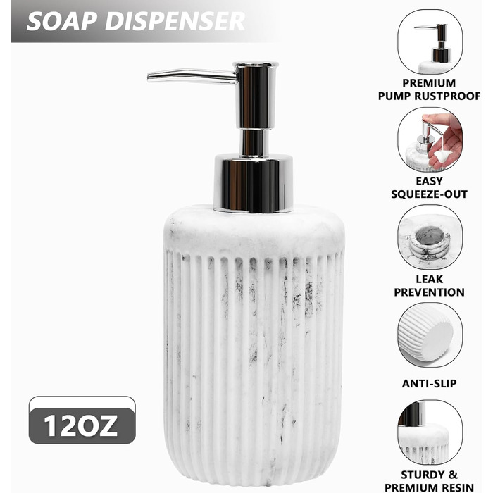 Набір аксесуарів для ванної кімнати XLHOMO з штучного каменю, 5 предметів: диспенсер для лосьйону/мила, тримач для зубних щіток, чашка для ванної кімнати, контейнер для ватних паличок та піднос для туалету, органайзер для дому, світлий (мармур)