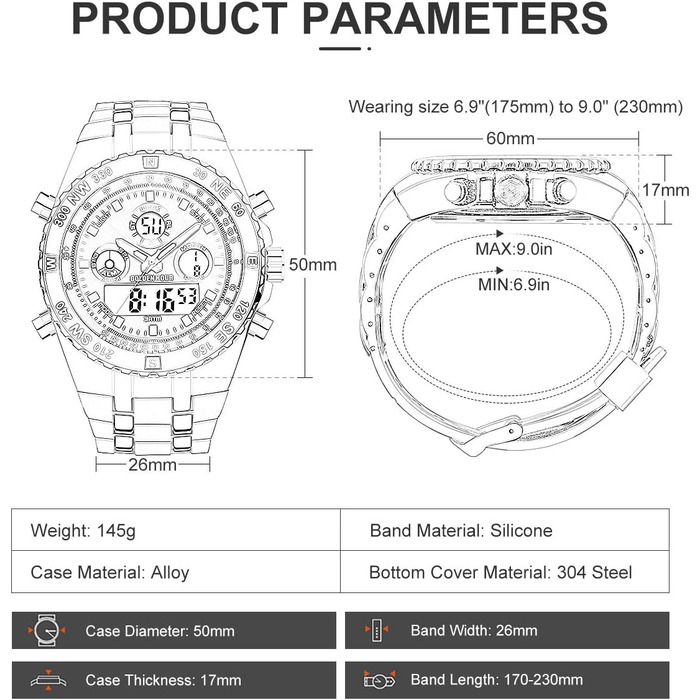 Чоловічий військовий спортивний годинник: цифрові та аналогові функції, водонепроникність, дата, будильник, світіння, секундомір. Великий годинник для чоловіків, сріблястого кольору.