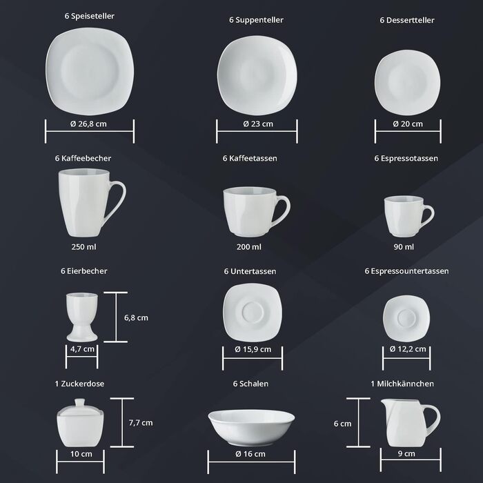 Набір посуду KHG Kombiservice 62 елементи | Білий сервіз для 6 осіб з якісного порцеляну | Класичний дизайн | З цукерницею, ложками для яєць та молочником