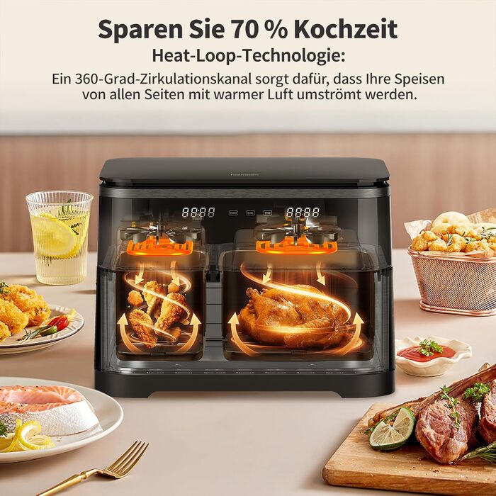 Електрична фритюрниця повітряна 11л, 2 камери з грилем, 10-в-1, без олії, з нагадуванням про струшування <60дБ, з антипригарним покриттям, 78 рецептів