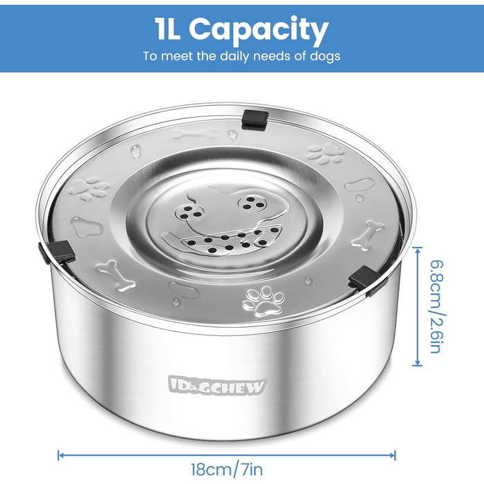 Миска для собак 1л, не протікає, з нержавіючої сталі, протиковзаюча, легко миється, срібна