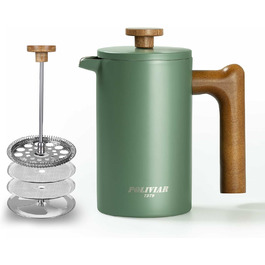 Poliviar French Press Coffee Maker 600 ml/21oz, Double-Walled Insulated Coffee Pot and Tea Maker, Manual Filter Coffee Press with Plunger & Wooden Handle, Flatland (Green) JX2024-SFPN-DE