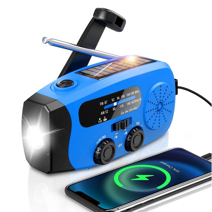 Радіо-кринка Notfall Weltempfänger 4000 mAh (14800 mWh) з 3 кабелями, AM/FM/WB, SOS-сигнал, ліхтарик, блакитне аварійне радіо