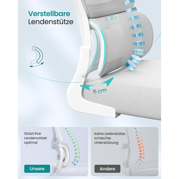 Офісний стіл SONGMICS, ергономічне крісло з сіткою, з адаптивною поперековою підтримкою та регульованою підголівником, для дому та офісу, сірий (OBN041G01)