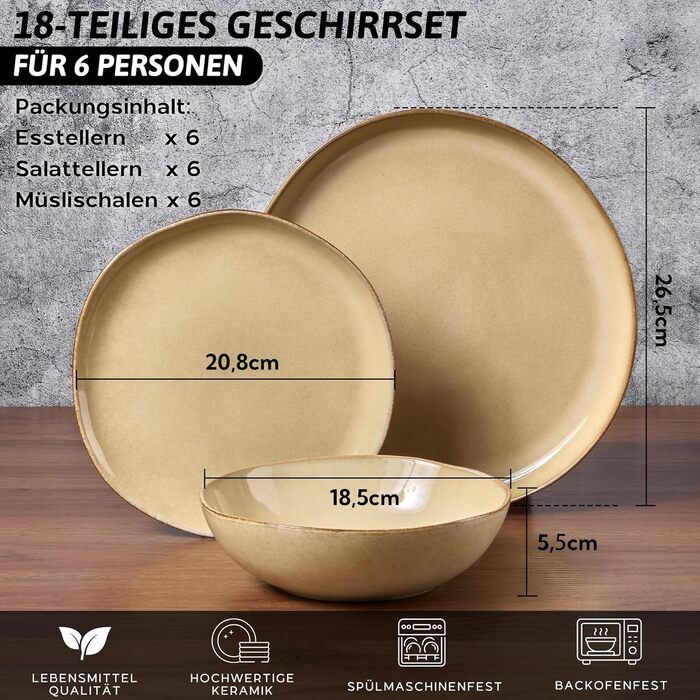 Набір посуду Joyfair на 6 осіб, 18 предметів, з каменю, тарілки, миски, для мікрохвильовки та посудомийної машини, реактивний пісковий хакі