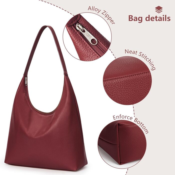 Сумка жіноча KALIDI Shopper з PU шкіри, велика, вінтажна Hobo сумка через плече, бордового кольору для роботи, навчання, повсякденного використання